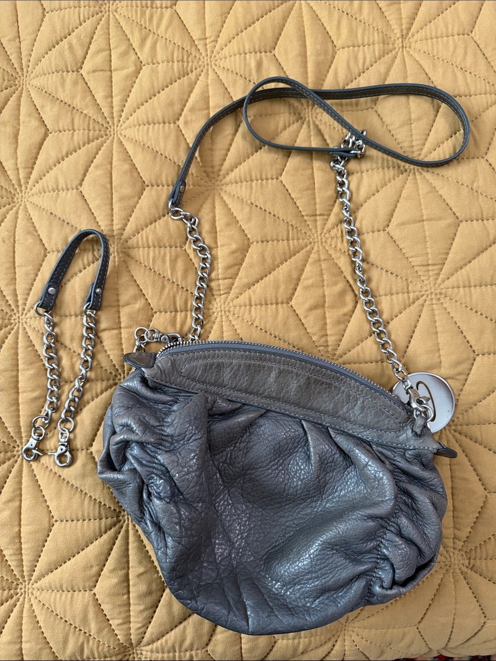 B. Makowsky Gray Leather Crossbody Bag with 2 Chain Straps